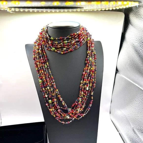 Vintage Joan Rivers Glass Gold Tone Jewel Tone 12 Multistrand Beaded Necklace